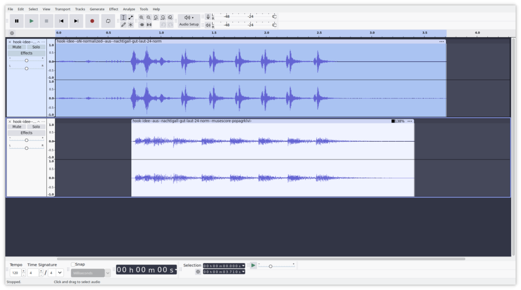MuseScore Export Audio verglichen mit Nachtigall Hookline der Nachtaufnahme