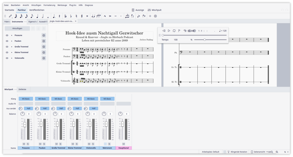 MuseScore Partitur mit Posaune, Pauken, großer und kleiner Trommel und Violoncello